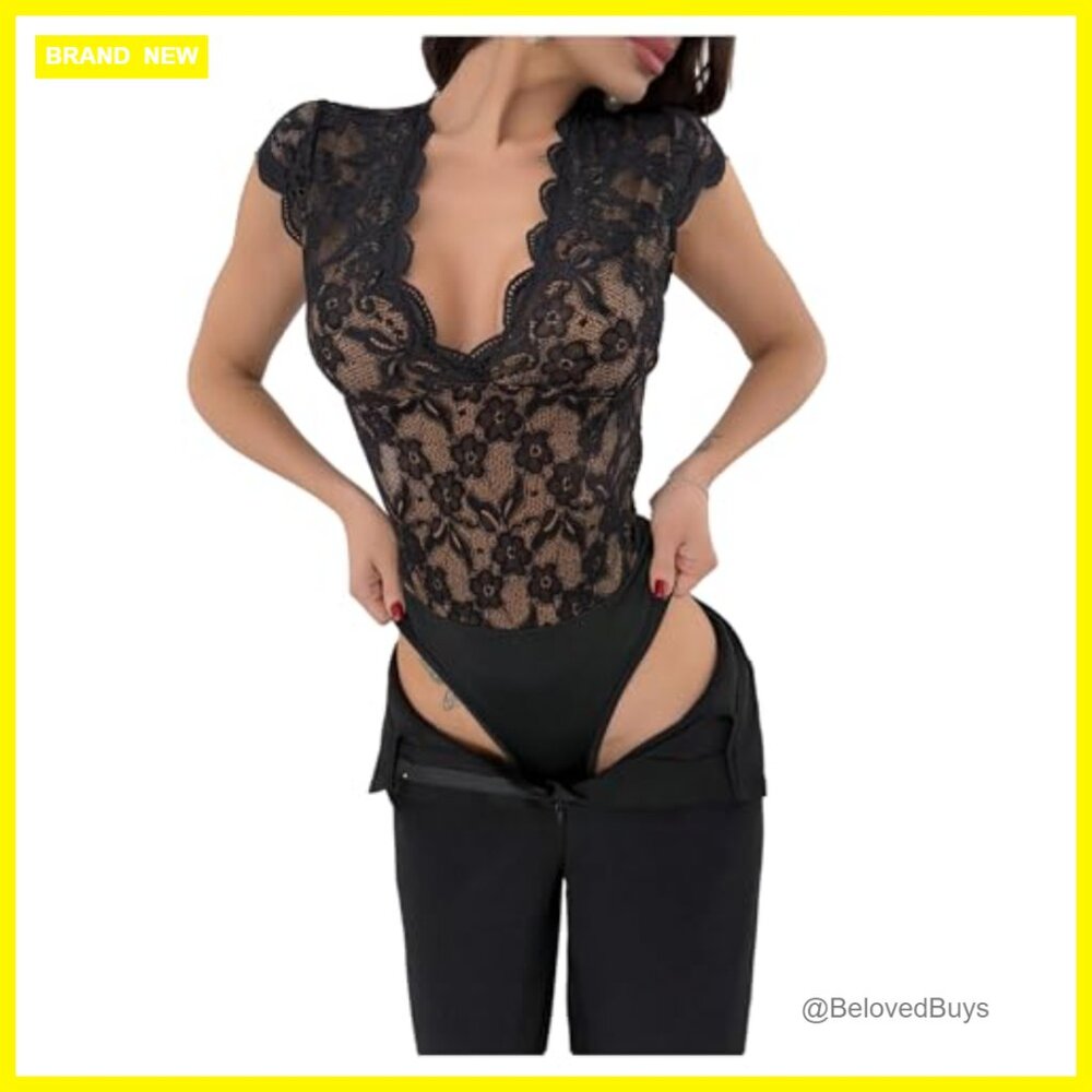 Sexy Floral Lace Trim Bodysuit Backless Deep V Neck Lingerie Jumpsuit Romper - Picture 4 of 7